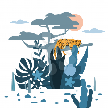 Leopard sitting on a tree, cute, plant and tree background, graphic trend style, animal predator mammal, jungle