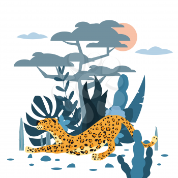 Cute leopard, plant and tree background, graphic trend style, animal predator mammal, jungle