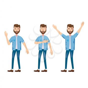 Set of male facial emotions. Bearded man emoji character with different expressions poses. Vector illustration