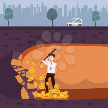Cryptocurrency concept with businessman miner and coins.