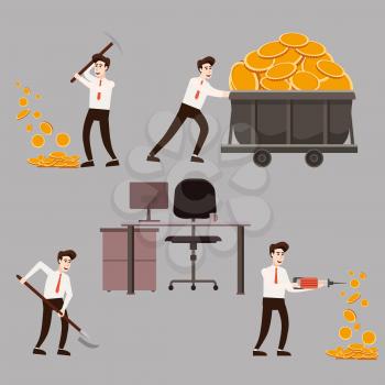 Set businessman holding a pickaxe, jackhammer, shovel in the underground, trolley full of gold coins, office table, making coins, money