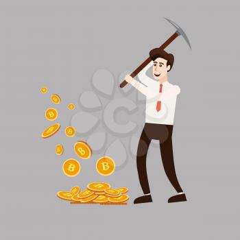 Cryptocurrency concept with businessman miner and coins. Young man with pickaxe working in bitcoin mine