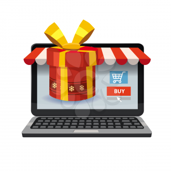 Laptop, noteebok with red gift box. Online shopping concept