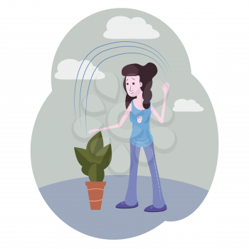 The girl with dark hair in blue watering a plant. Vector cartoon illustration