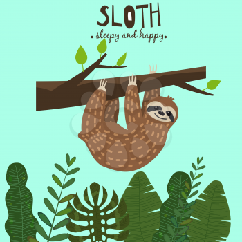 Cute funny sloth hanging on the tree. Sleepy and happy. Adorable hand drawn cartoon animal illustration