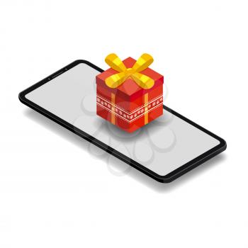 Isometric smartphone with red gift box. Online shopping concept