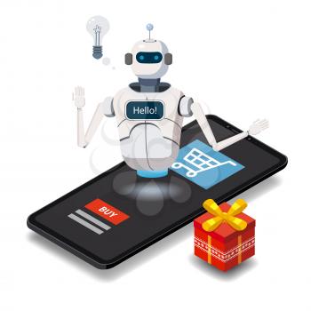 Isometric Science Chat bot, smartphone concept. On line store, shopping, assistent, sale e-commerce