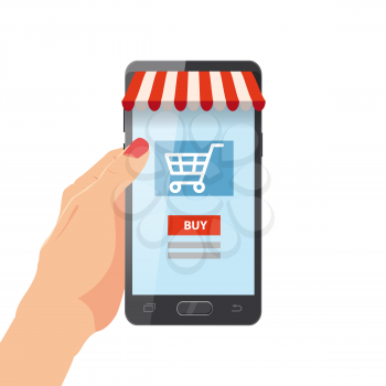 Hand holding smartphone with shopping bag. Internet order. Online supermaket. Vector illustration