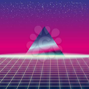 Synthwave Retro Futuristic Landscape With Pyramids And Styled Laser Grid