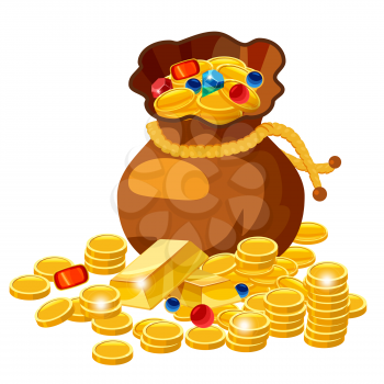 Old bag full of gold coins and jewelry, cartoon style, vector, illustration