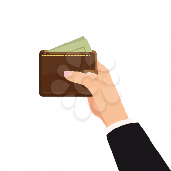 Concept with hand and wallet full of money. Online shopping.