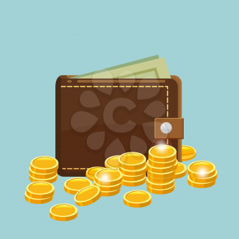 Golden coins and wallet with dollars bank notes in purse. Saving money concept.