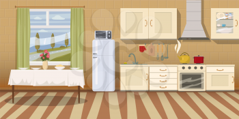 Kitchen with furniture. Cozy kitchen interior with table, stove, cupboard, dishes and fridge. Cartoon style vector illustration.