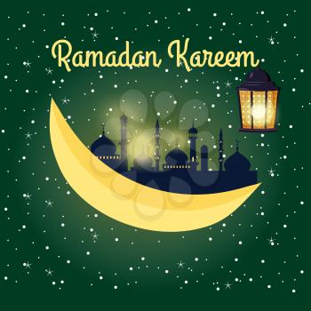 Ramadan kareem background, illustration with arabic lanterns and golden crescent, on starry background.
