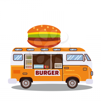 Cartoon fast-food car with a big hamburger on a white background