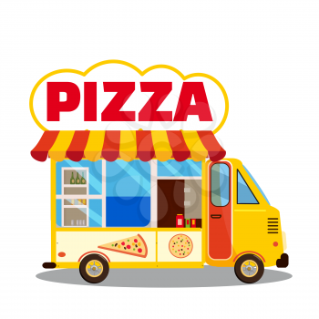 Truck street pizza to customer. Delivering free anf fast, Cartoon design