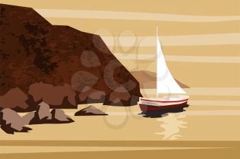 Seascape with rocks and clouds. Vector cartoon illustration