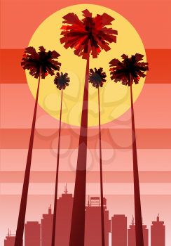 Summer beatiful sunset backgrounds with palms trees cityscape, sky horison