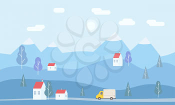 Minimalistic landscape of mountains, trees, houses, background. Concept delivery service landing