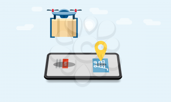 Concept of delivery of the drone flies with the mail, the delivery of parcels