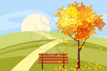 Autumn landscape, tree with fallen leaves, wooden bench