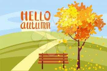 Autumn landscape, Hello autumn letterung, tree with fallen leaves, wooden bench