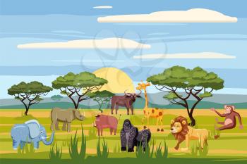 Set of cartoon african animals, background landscapes savanna. Safari animals , hippopotamus, rhinoceros, elephant, giraffe lion monkey buffalo