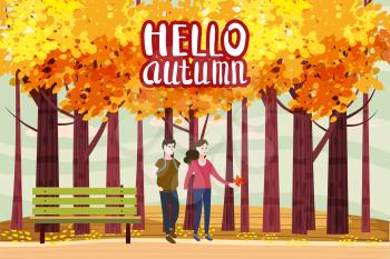 Hello autumn color illustration. Happy couple walking in park postcard design. Open air outdoor walk. Early fall landscape cartoon banner.