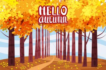 Hello autumn color illustration. In park postcard design. Open air outdoor walk. Early fall