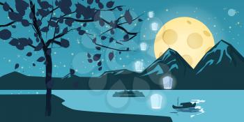 Night in the forest vector illustration with starry sky, trees and mountains