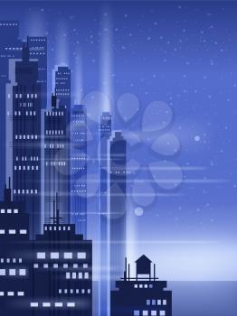 Night city, city scene, skyscrapers, towers, starry sky, lights horizon perspective vector isolated