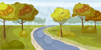 Cute landscape forest river, trees on the shore, vector, illustration