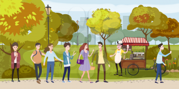 Park, cart and coffee barista, happy people stand in line for coffee, men and women, different characters, outdoor, vector, illustration