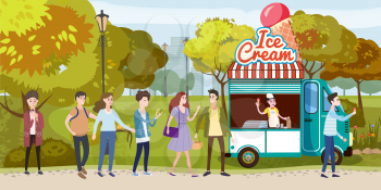 Park, cart and ice cream seller, track, happy people stand in line for ice cream, men and women, different characters, outdoor, vector, illustration
