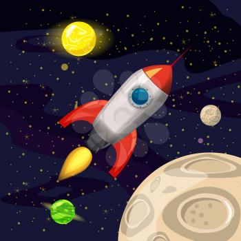 Space rocket launch, spaceship, space background cartoon style