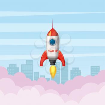 Rocket launch, ship, start up, sity, vector, illustration concept of business product on a market