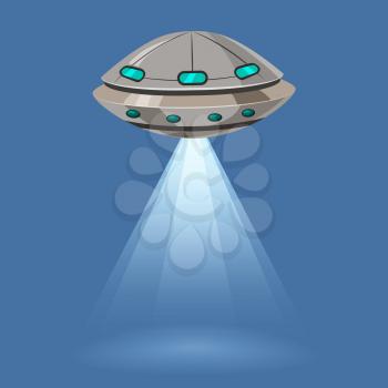 Ufo flying spaceship isolated on blue background, rays light, cartoon style, vector illustration