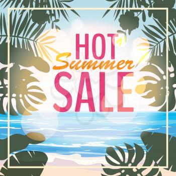 Advertisement about the summer sale on background with beautiful tropical sea beach view, flowers, leaves.