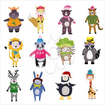 Christmas Animals set cute hippo, fox, bear, cat, lion, panda, hedgehog, raccoon, deer, rabbit penguin giraffe Hand drawn collection characters illustration