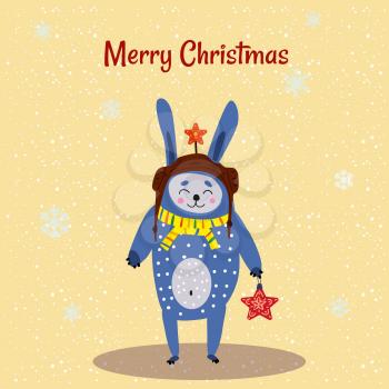 Merry Christmas Cute Hare with scarf, hat and toy card. Hand drawn character illustration vector isolated poster