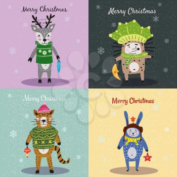 Christmas Animals Card Set cute cat, hedgehog, deer, rabbit. Hand drawn collection characters illustration vector