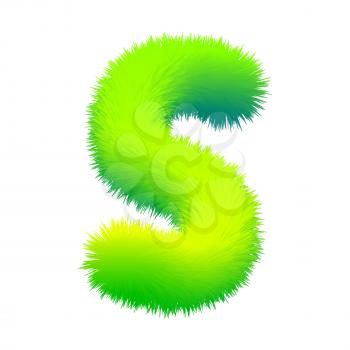 Letter S fluffy fur, texture decorative green alphabet uppercase