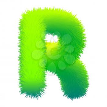 Letter R fluffy fur, texture decorative green alphabet uppercase