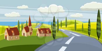 Cartoon landscape with road, higway, countryside and summer, sea, sun, trees willage houses