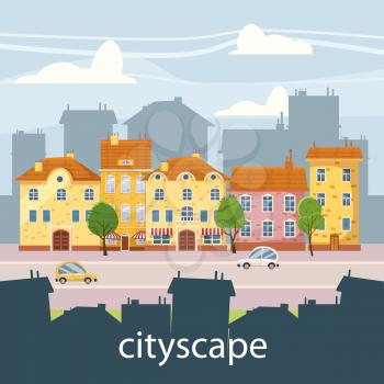 Cute cityscape, beautiful houses, cartoon style isolated vector