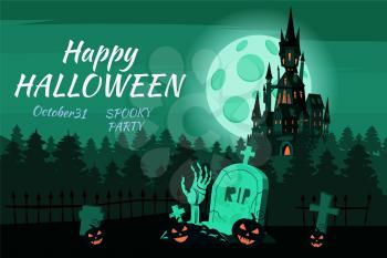 Happy Halloween pumpkin in the cemetery, black abandoned castle, gloomy autumn forest, panorama, full moon dark night, crosses and tombstones, hand from the grave, bats.