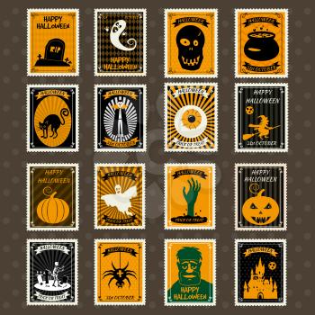 Happy Halloween Set Postage Stamps with ghost, pumpkin, scull, grave, zombie, castle, Vampire, spider, hand ghost witch cauldron cat