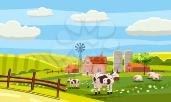 Rural farm landscape with green fields hills and farm village buildings animals cows sheeps