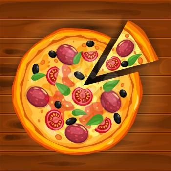 Fresh pizza and slice triangle with different ingredients tomato, cheese, olive, sausage, basil on wood board