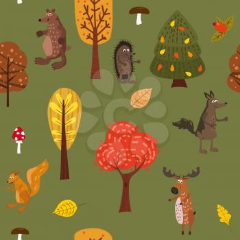 Autumn forest cute animals seamless pattern with trees leaves